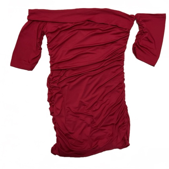 NWOT Cold Shoulders Asymmetrical Ruched Bodycon Short Sleeve Pencil - Picture 2 of 12